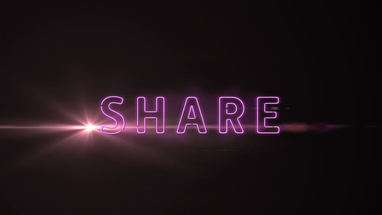 Animation of glowing share text with lens flare against black background