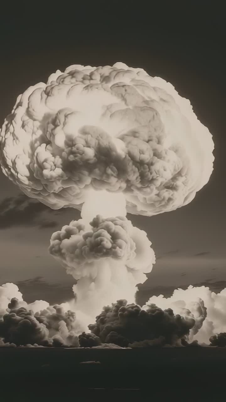 Vertical video: Blossoming from flash, mushroom-cloud rising above water horizon beneath dark sky