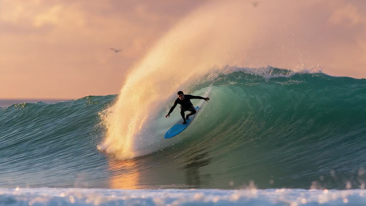 Riding surfer lip pitching, crouching, advancing out barrel at break surfboard full-length wetsuit