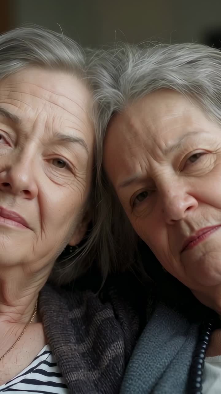 Vertical video: Camera rolling two seniors leaning heads on sofa for portrait, striped top