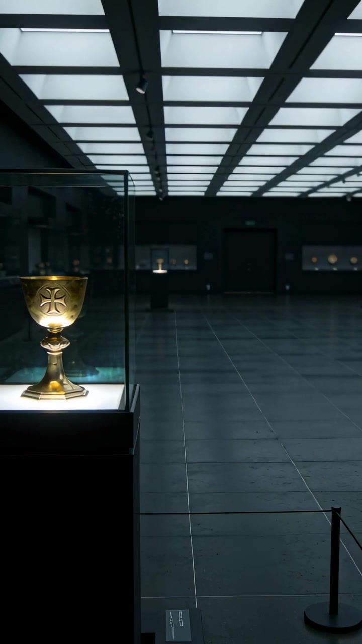 Video verticale: Telecamera che si allontana mostrando un calice d'oro in una teca al museo, sala vuota, spazio per il testo.