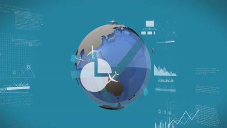animation of statistical data processing and airplane icons over spinning globe on blue background