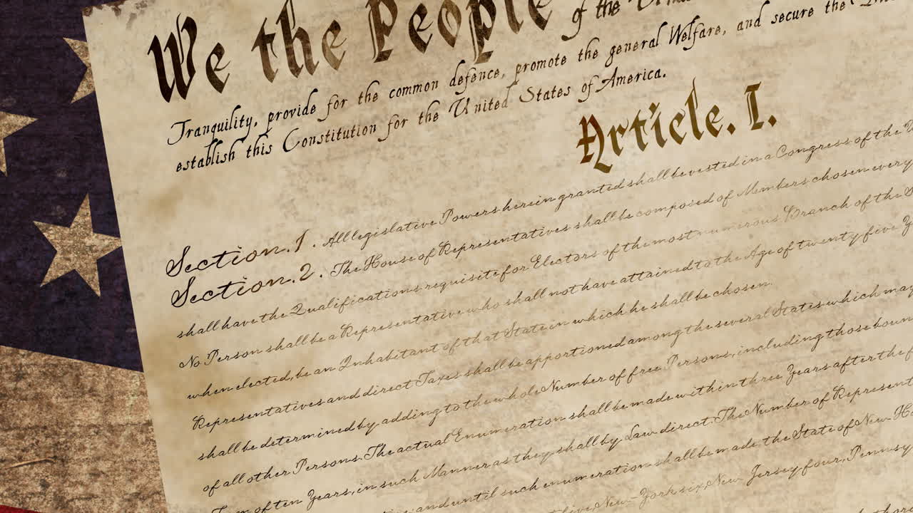 Animation of american constitution text over american flag