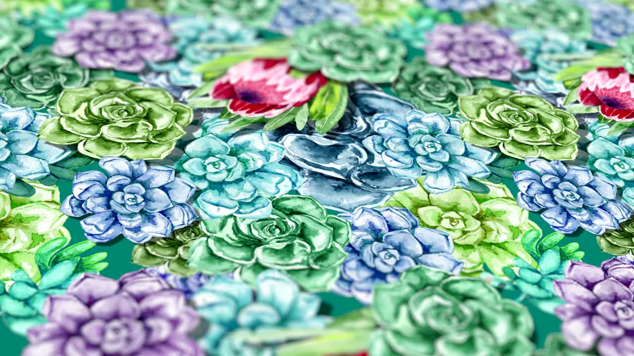 손으로 그린 수채화 수박과 꽃을 가진 추상적인 배경.