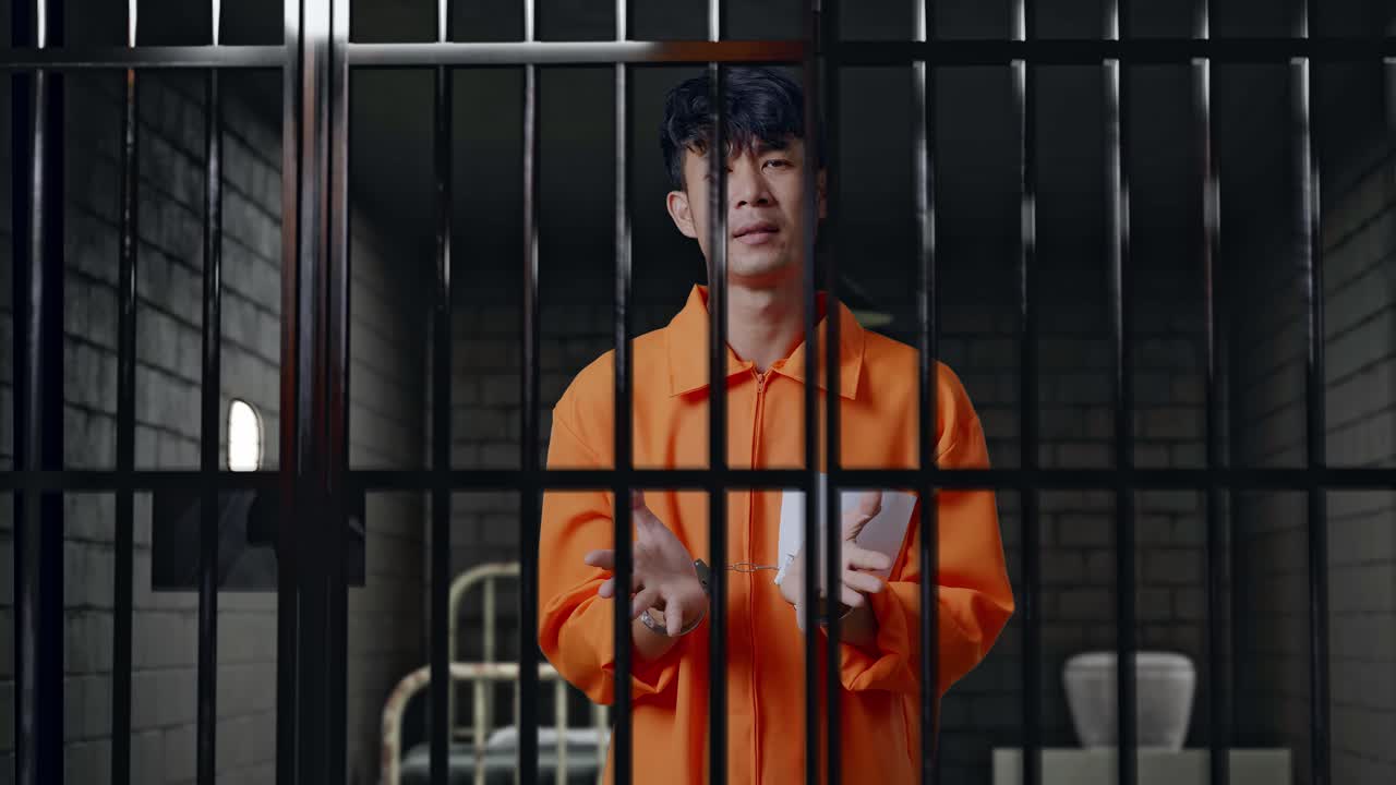 preguntándose prisionero masculino asiático con esposas de pie dudoso en la prisión, levantando las manos en ira y gritando por qué