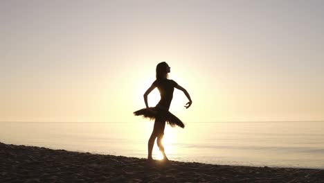 gorgeous view of a young woman in dark tutu right in front of the sea ocean. posing and making ballet moves. sunrise. slow motion