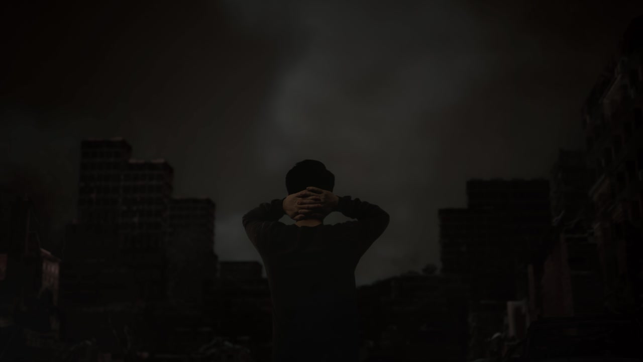 폐허가 된 도시에서 외로운 인물