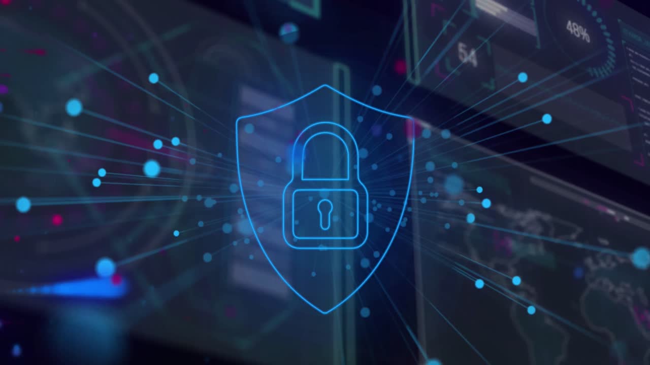 Animation of blue dots over digital screen and digital padlock on black background