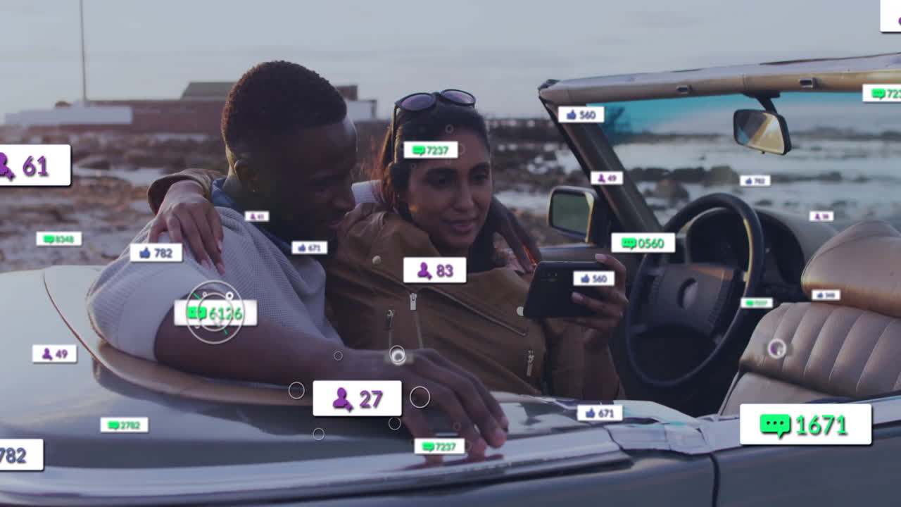 In convertible, couple checking notifications while driving by seaside in animation