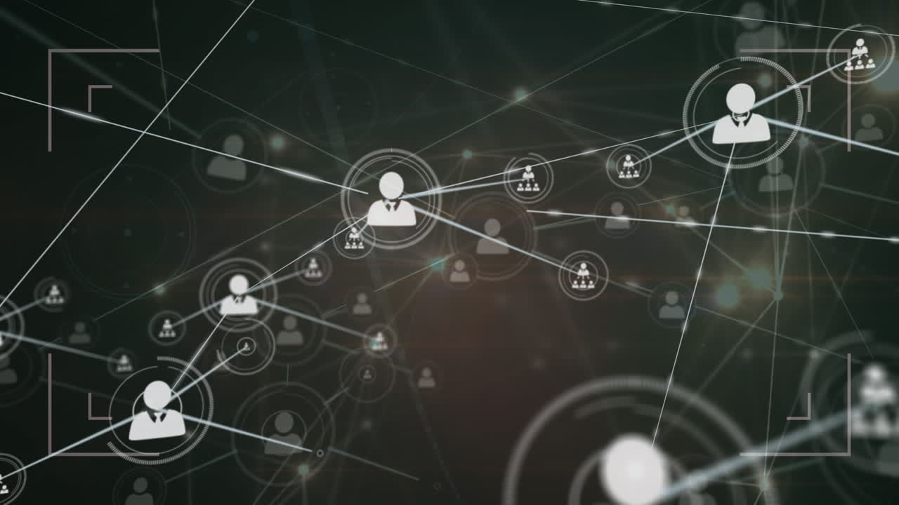 Animation of network of connections with icons and light trails over black background