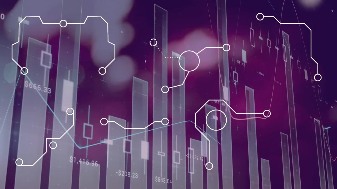Grafici animati di dati finanziari con elementi di circuiti stampati