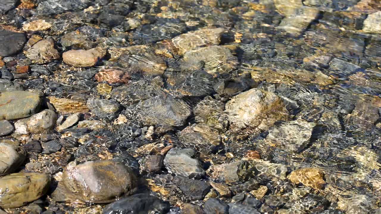 Sunlit freshwater stream flows over smooth multicolored rocks in a tranquil natural setting