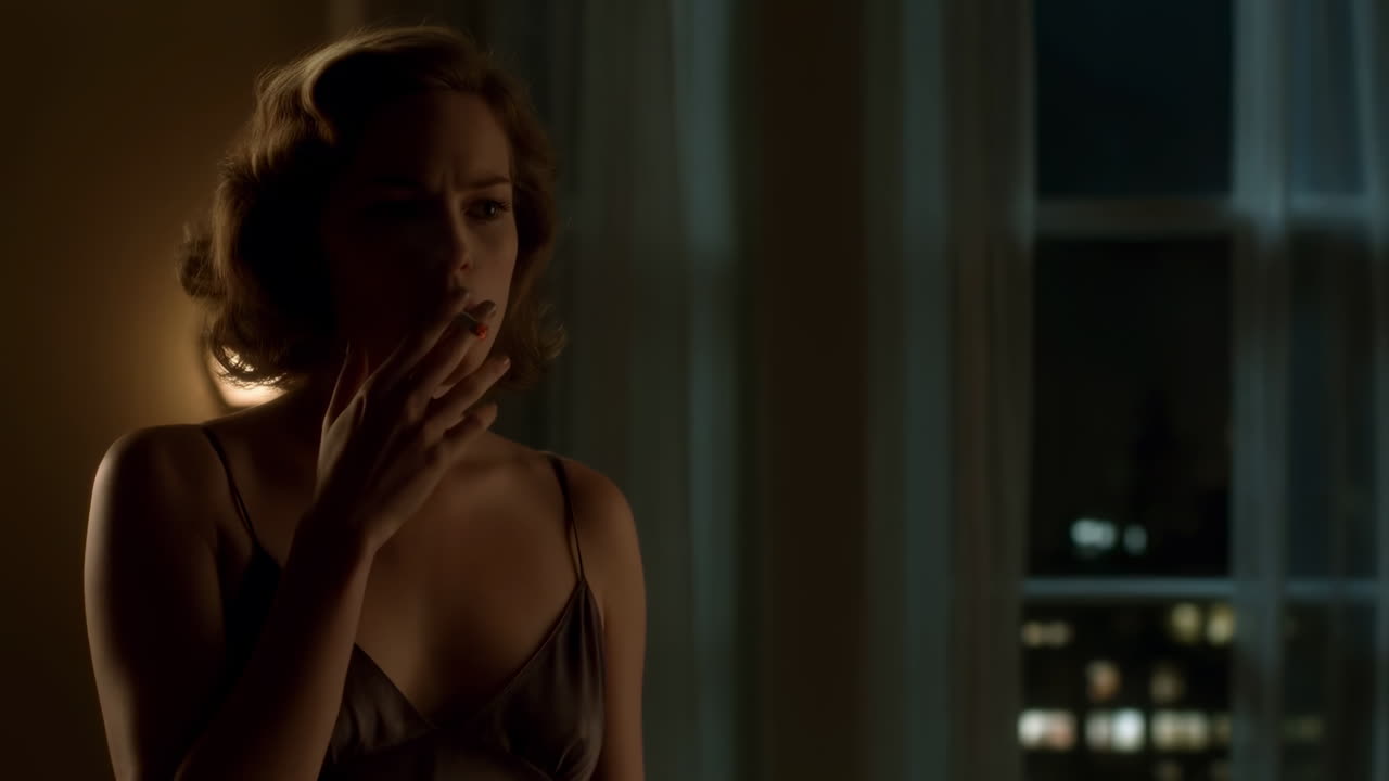 Pensive Woman Smoking a Cigarette by a Window at Night