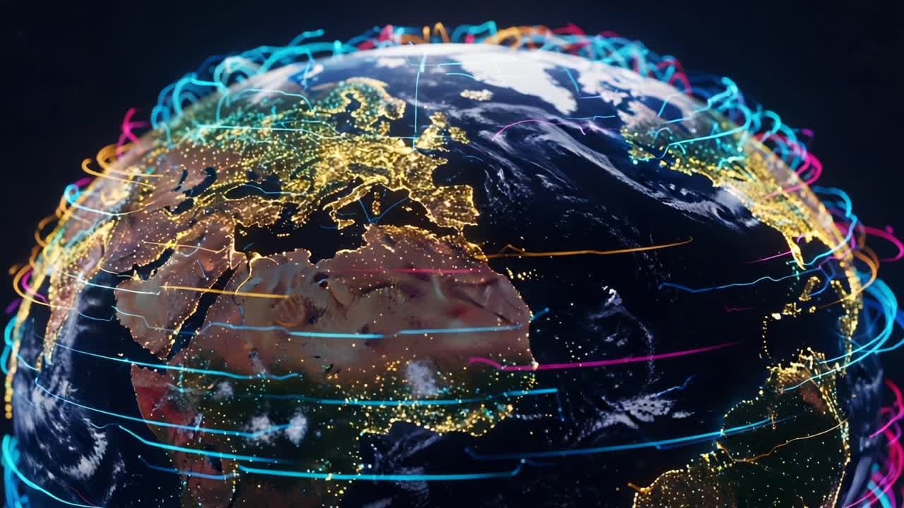 A Mesmerizing View of a Rotating Earth Highlighting Geographic Features and Energy Flows in a Colorful, Dynamic Visualization of Planetary Movement