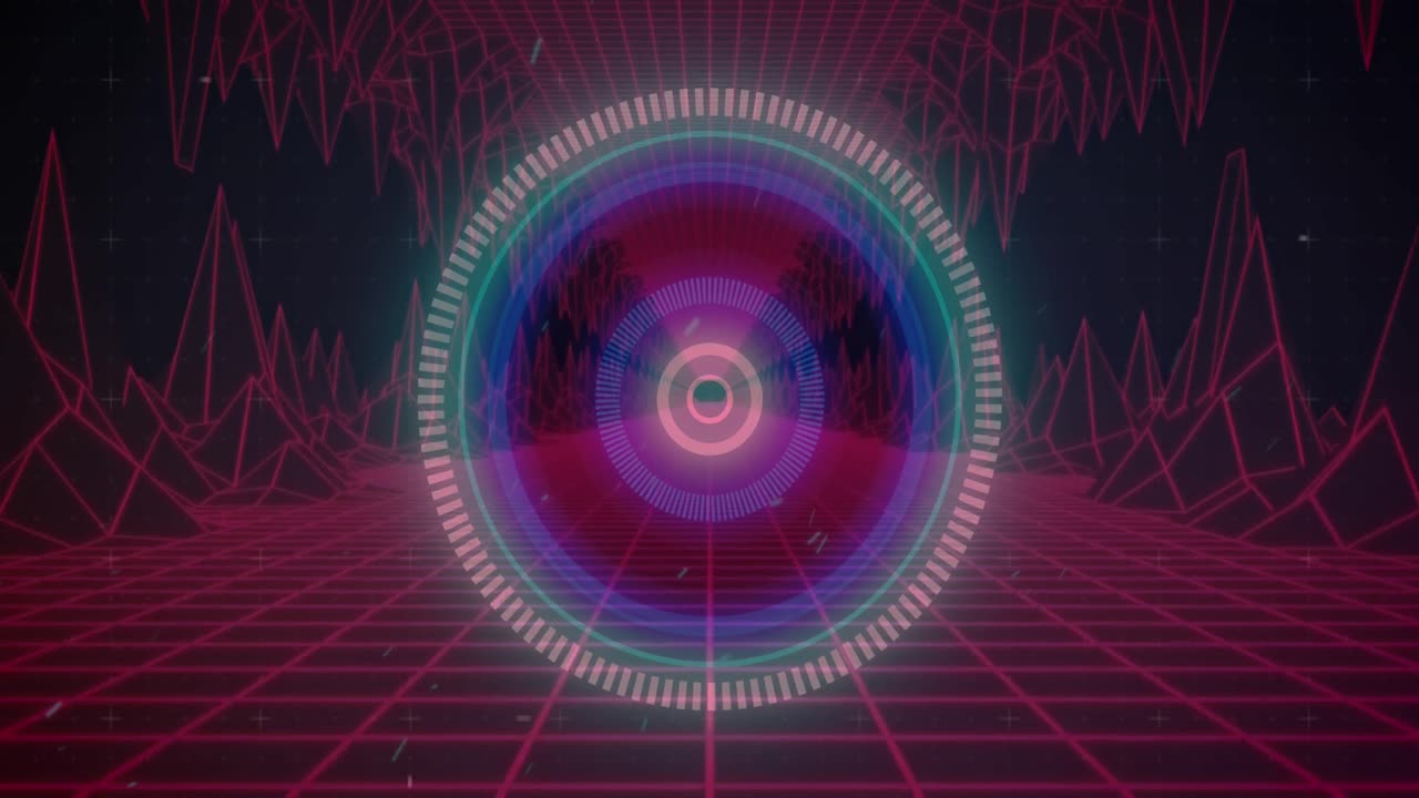 Animation of scope scanning over glowing pink map and grid on black background