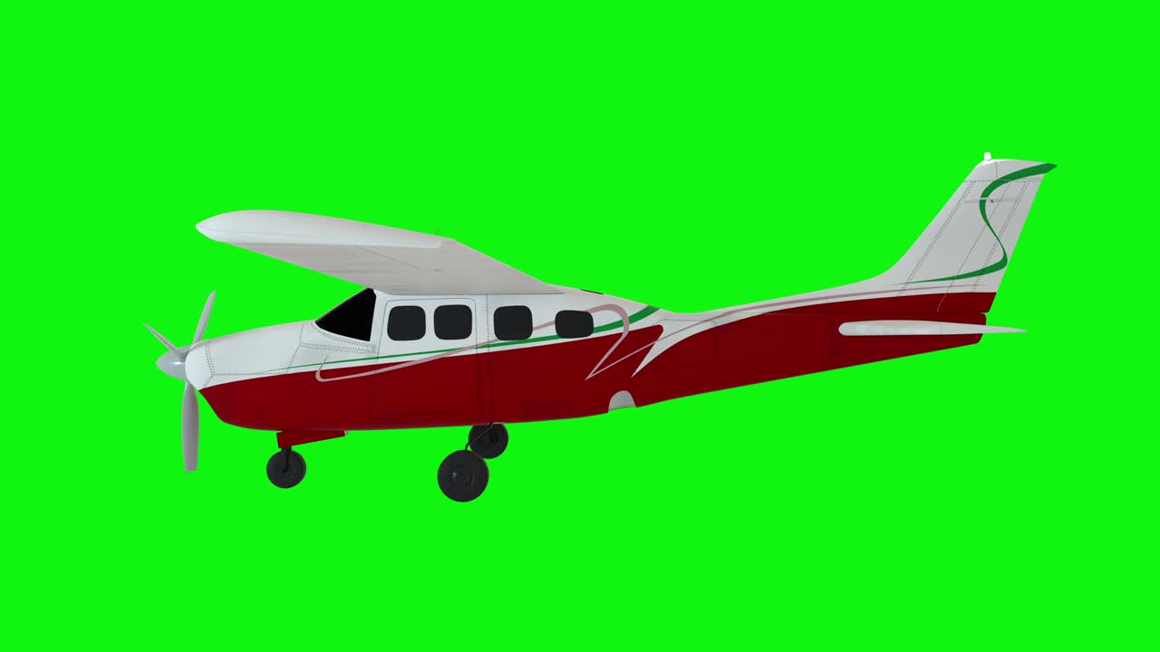 Aereo a elica animato. Vecchio aereo bianco. Animazione con fisica realistica. Filmato green screen