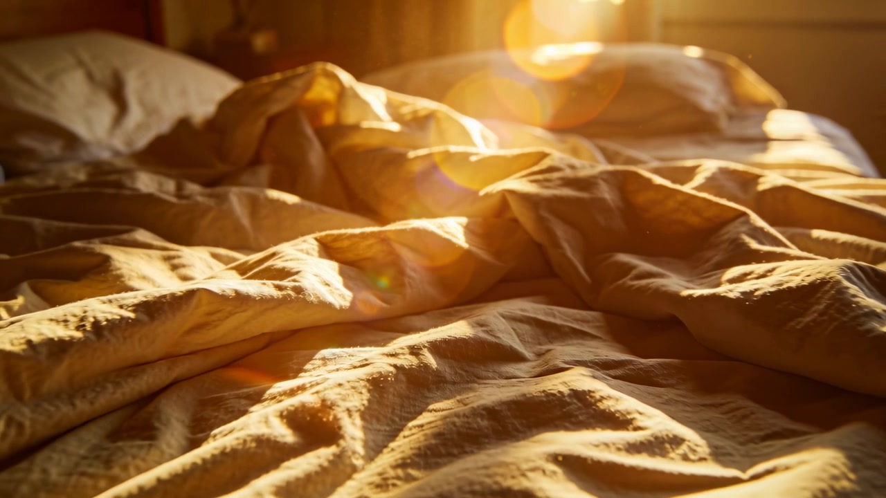 Luce solare che filtra nella camera da letto, spostando la luce mattutina su piumone stropicciato, cuscino, con bagliore dell'obiettivo.