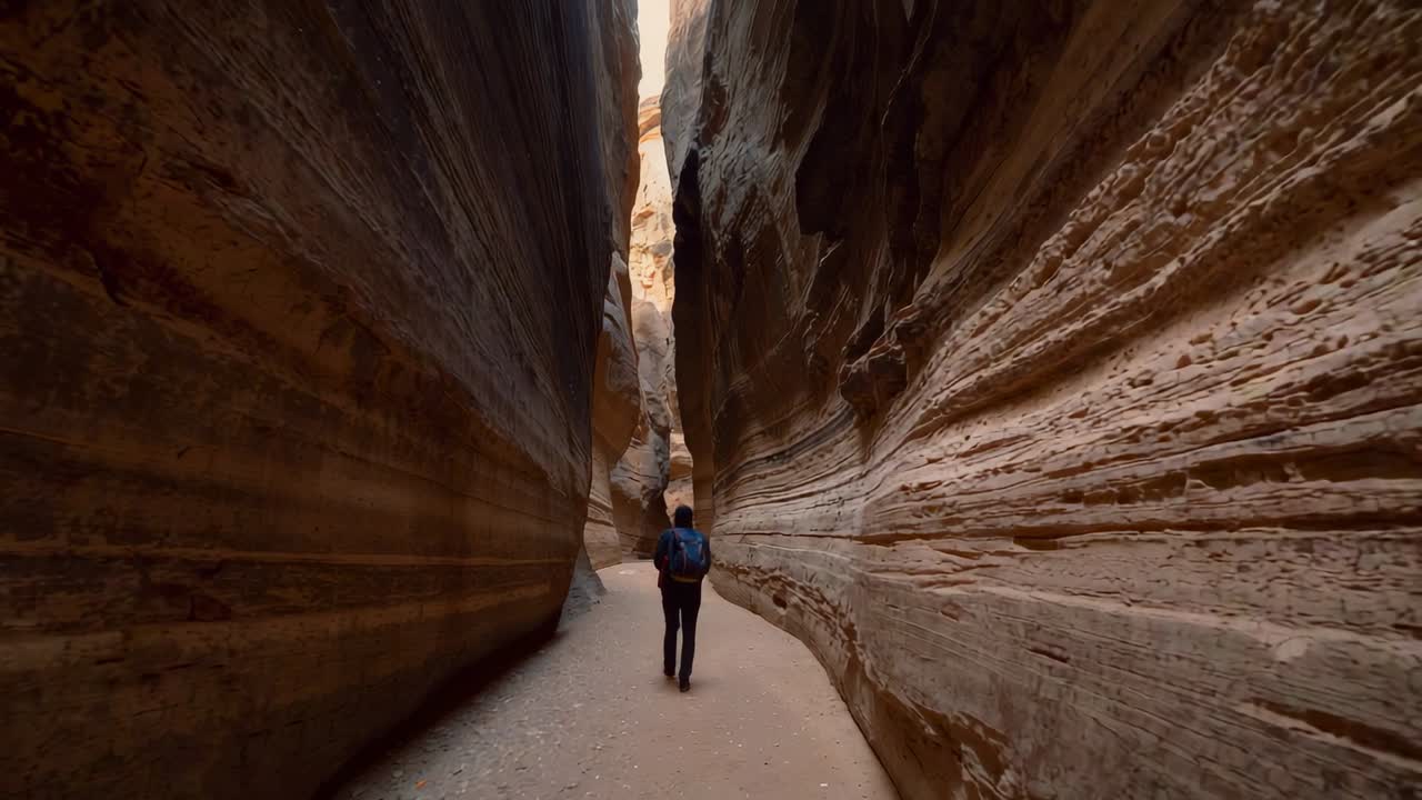 Vandrende turgåer i mørke bukser søker lysstråle midt i lagdelte canyonvegger, med blå ryggsekk