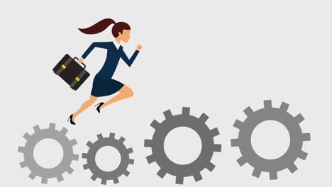 business woman avatar running on spinning gears icons