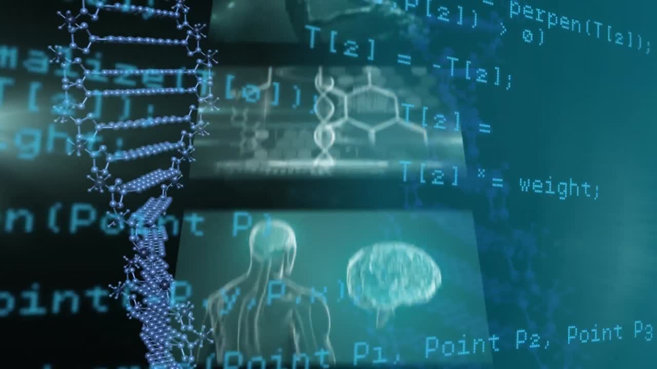 Dna structure spinning against screens on medical data processing against blue background