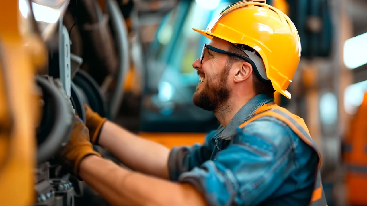 A man wearing a hard hat and safety glasses working on a machine