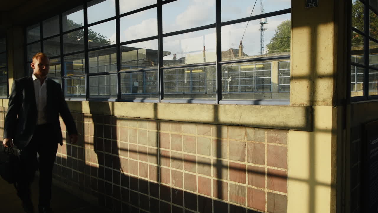 Business Man Walking to Work on Morning Commute in London underground tube train - Tripod Static