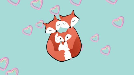 composition of fox family embracing over heart icons