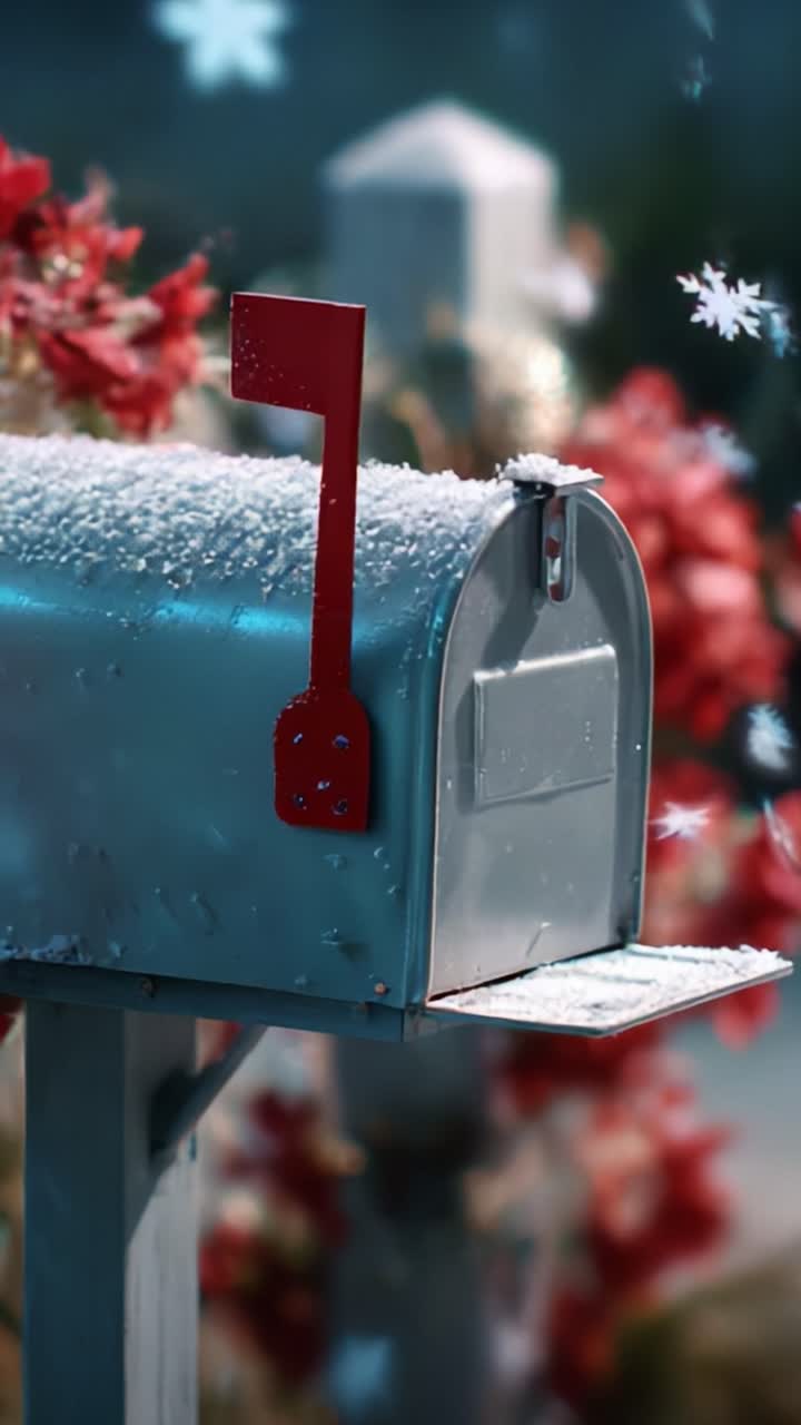 A Frosty Winter Scene Featuring a Silver Mailbox, Adorned with Snowflakes and Blossoming Red Flowers, Captured in Two Frames to Showcase the Beauty of Nature in a Serene Setting