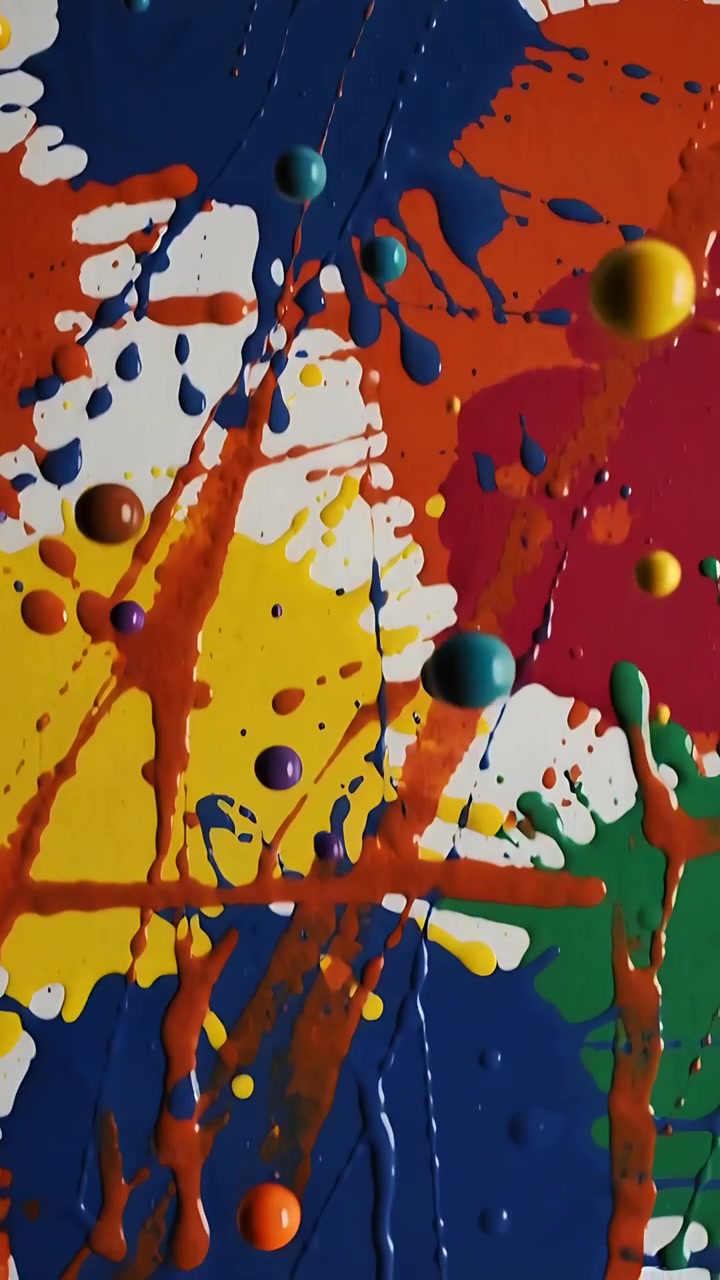 Video verticale: Gocce di vernice che colano su un pannello che scivola verso il basso per gravità in studio, formando colature.