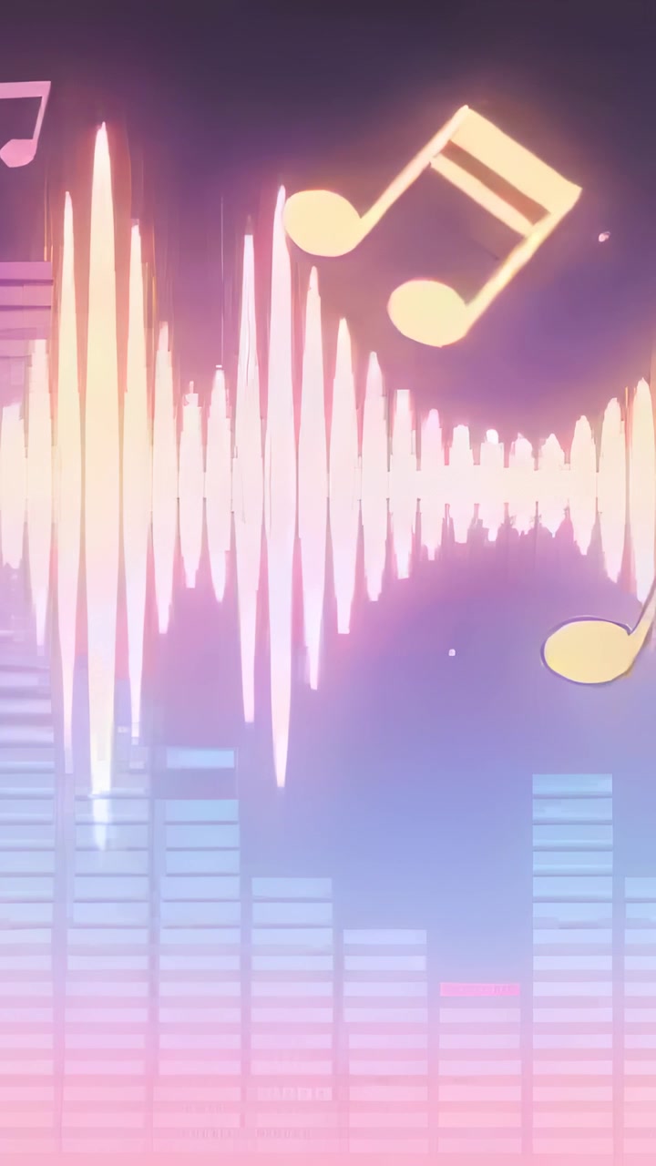 Vertical video: Pulsing waveform carrying character in light outfit across purple, floating notes