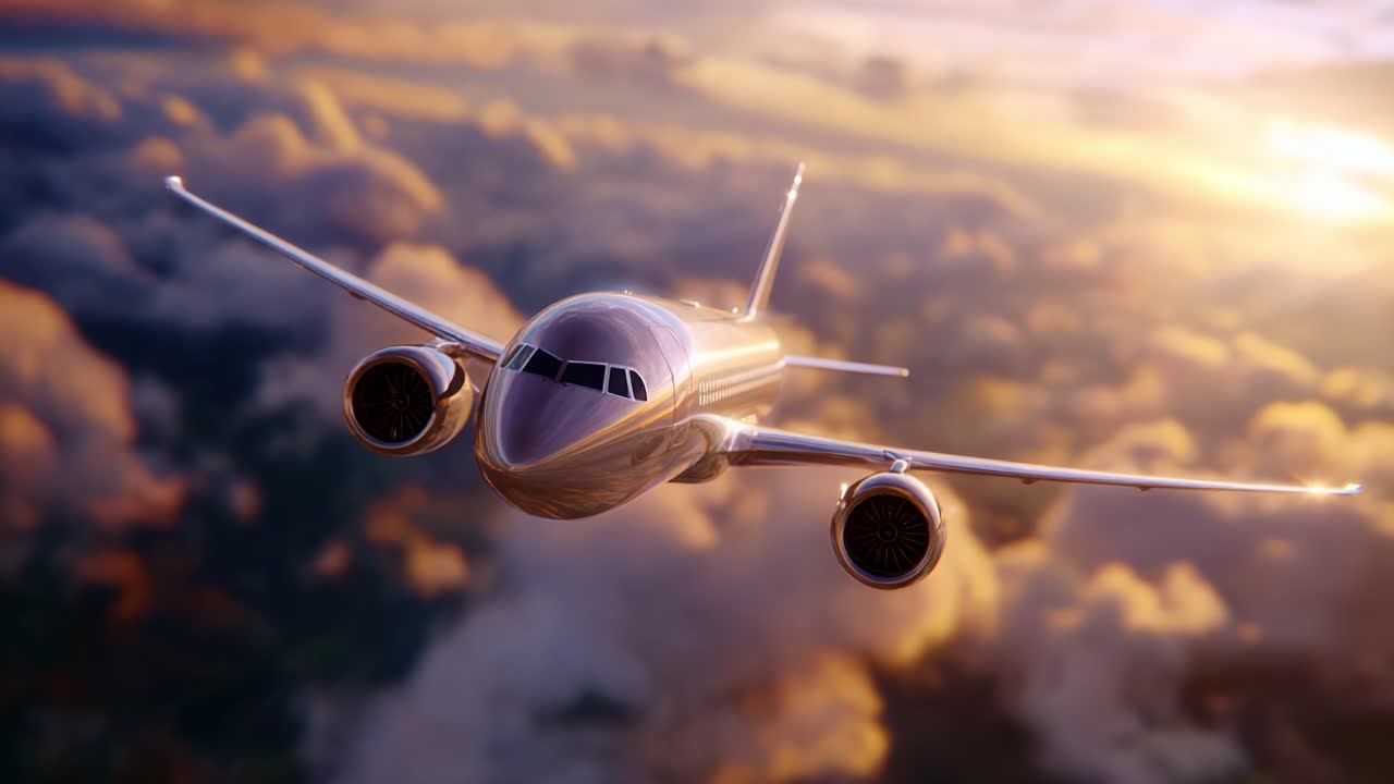 Ein schnittiges Flugzeug fliegt anmutig über leuchtende Wolken bei Sonnenuntergang und präsentiert modernes Design und fortschrittliche Technologie in einer atemberaubenden Luftperspektive während der Dämmerung