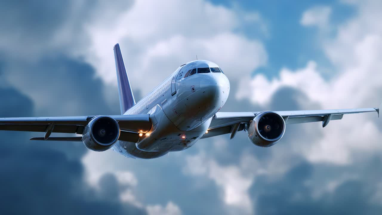 Un fantastico aeroplano che si avvicina tra drammatici paesaggi nuvolosi, che mostra il suo design elegante e la sua meraviglia ingegneristica mentre vola in alto nel cielo sconfinato