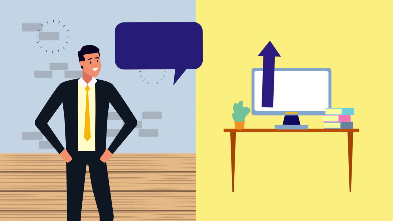 businessman using desktop in the office animation