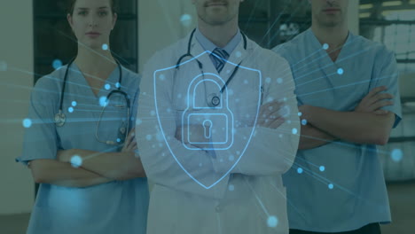 Medical-professionals-standing-with-arms-crossed-over-cybersecurity-lock-animation