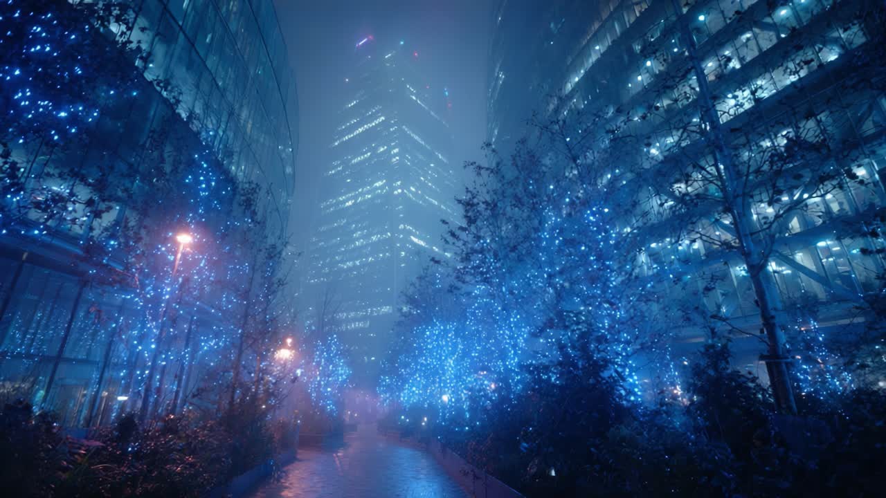 A Magical Night: Stunning Urban Scene Bathing in Blue Light Amidst Towering Buildings and Glimmering Trees in a Foggy Landscape