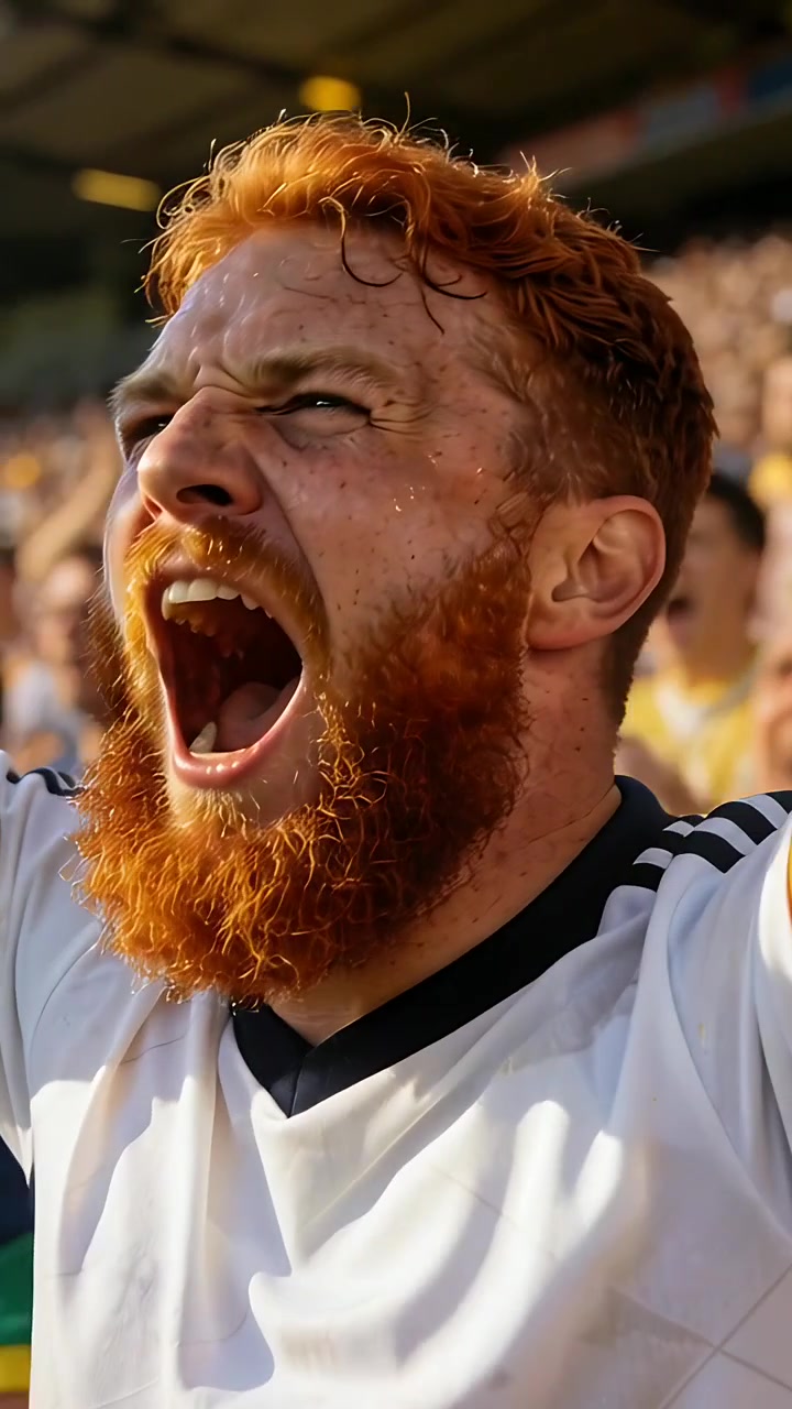 Vertical video: Shouting bearded man in white jersey after play on field, raising arms in stands