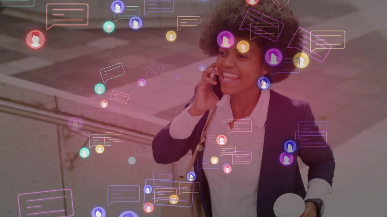 Woman ascending stairs speaking on phone, business call launching chat overlaying her managing work