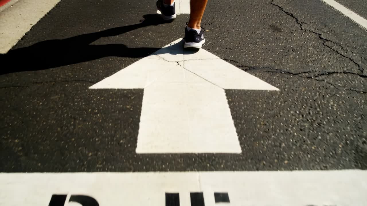 Walking voter following Polling Location 500ft stepping on white arrows on city lane wearing shoes