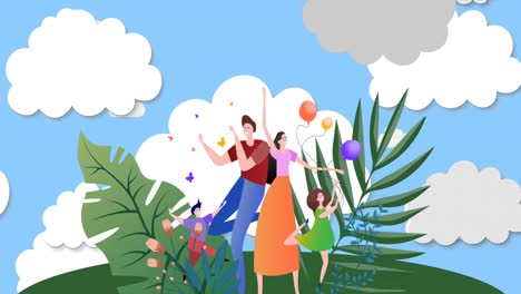 Animation-of-people-and-plants-over-sky-with-clouds