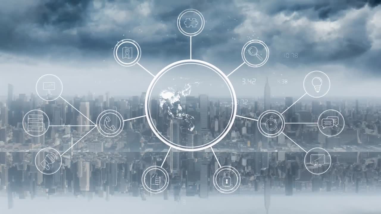 도시 풍경 배경에 대한 연결 네트워크의 애니메이션