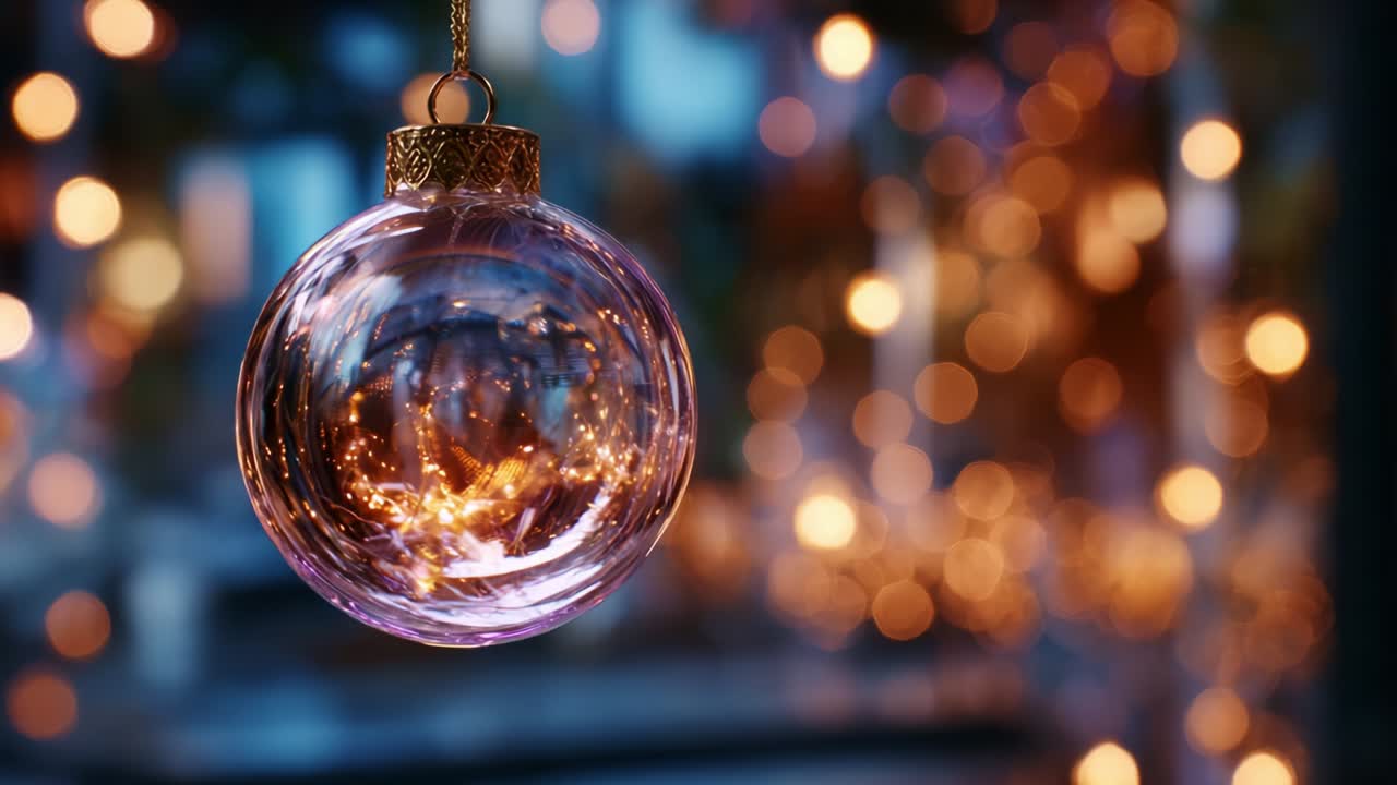 A Beautiful Glass Ornament Capturing the Essence of the Holiday Spirit, Sparkling Brightly Against a Backdrop of Colorful Twinkling Lights and Blurred Warm Bokeh, Perfect for Festive Decorations