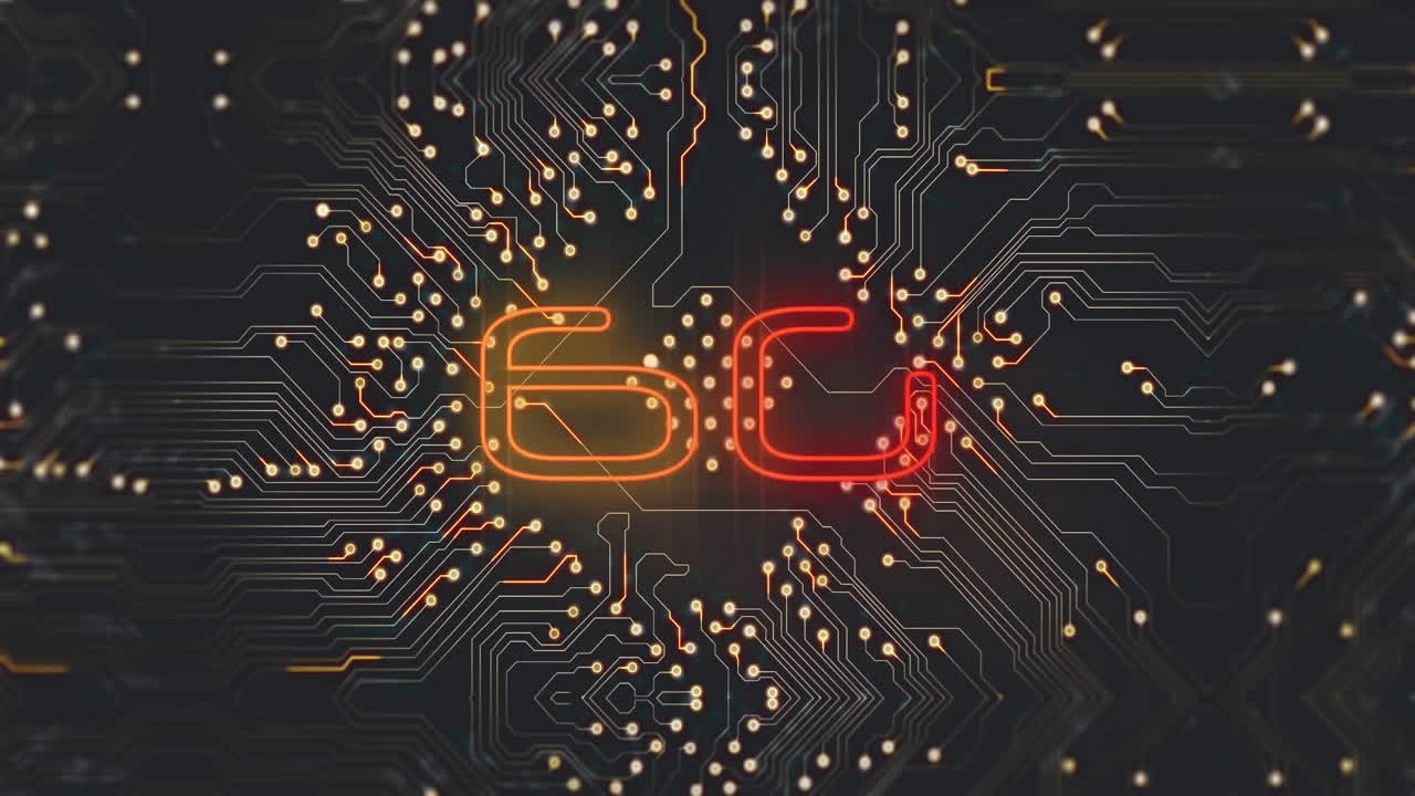 Animation of 6g text over computer circuit board