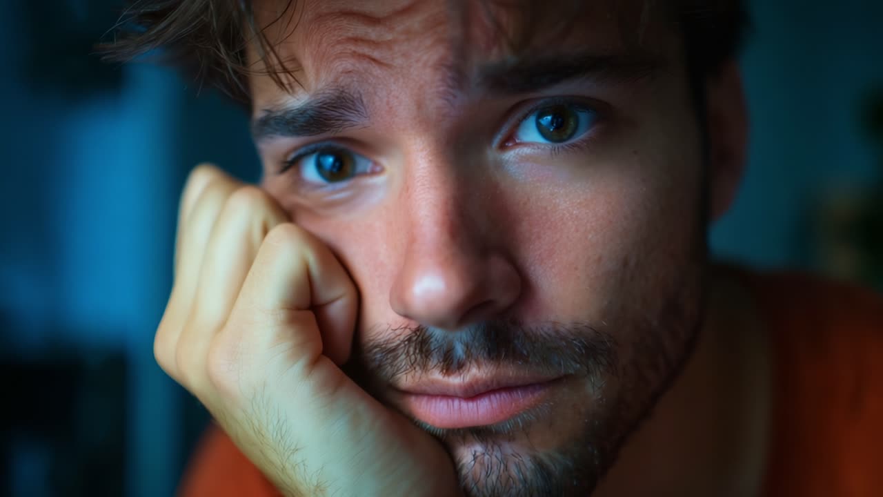 Un giovane pensieroso guarda assorto in contemplazione appoggiando il mento sulla mano, esprimendo un senso di riflessione e introspezione in un ambiente scarsamente illuminato.