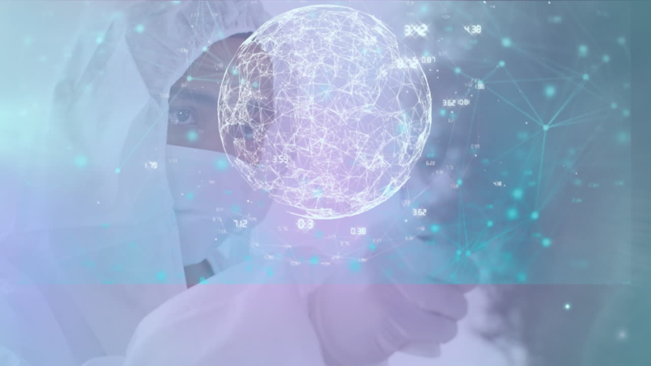 두 인종의 의사가 온도를 측정하고 얼굴 마스크를 착용하는 데이터 처리 애니메이션