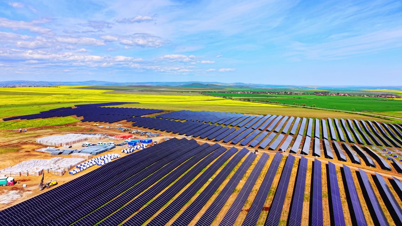 Bredt luftfoto af solcellepark byggeplads, Bulgarien. Dronepanorama af panelrækker, lagerplads og grøn landbrugsjord under blegblå himmel
