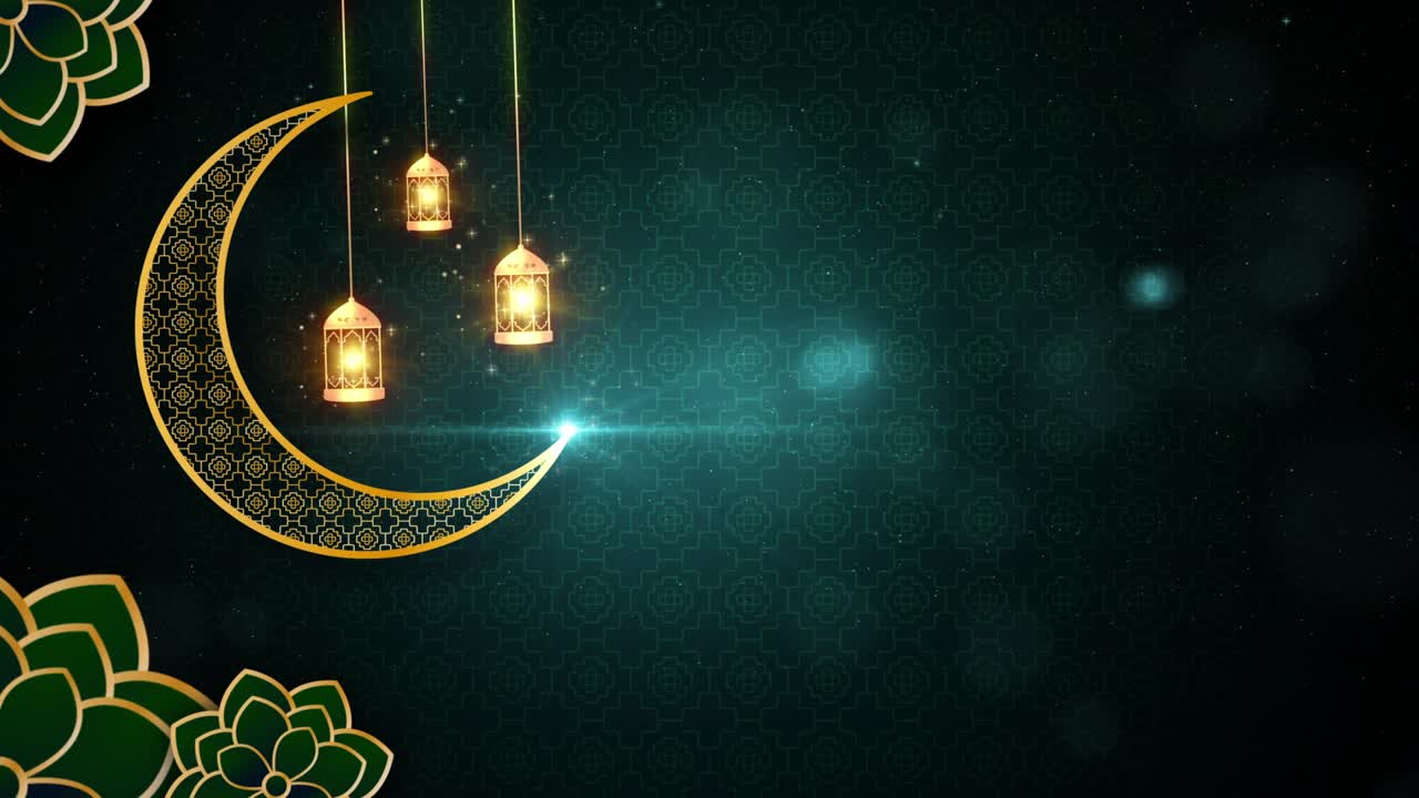 verde y oro color eid mubarak concepto de diseño islámico con candela de ramadán colgante linterna, animación de fondo abstracto 4k
