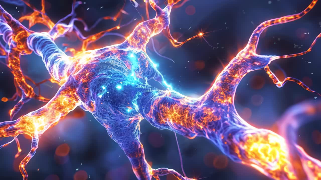 A colorful, glowing nerve cell with a blue and orange stem. Concept of wonder and fascination with the complexity of the human body and the intricacies of the nervous system