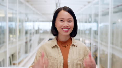 success, thumbs up and face of business woman