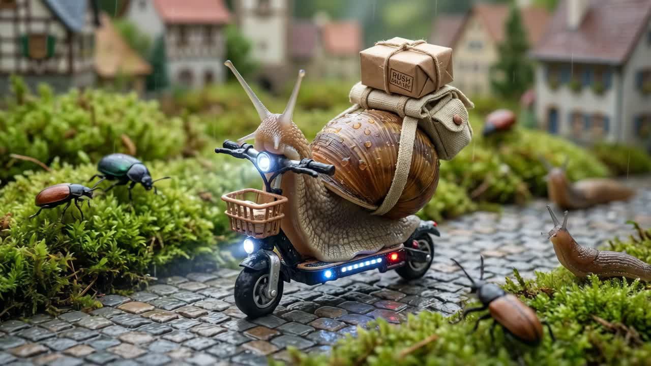 Snail on Scooter Delivery Service in a Miniature Village