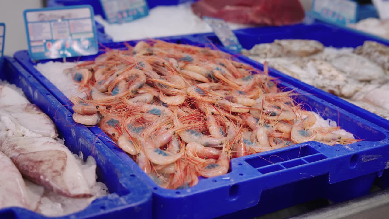 Zoom out on boxes of prawns with roe, and other fish, in a local fishmonger's shop